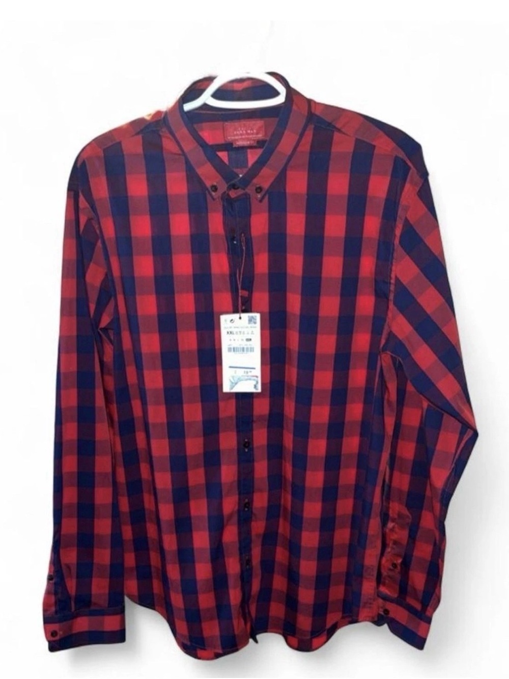 Zara XXL Red and Navy Plaid Button-Down Long Sleeved Casual Shirt